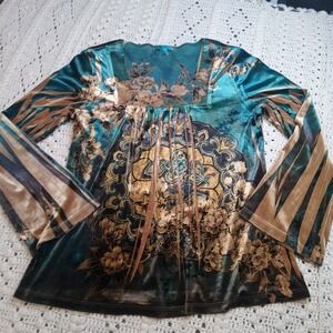 Dress Barn Womens L Floral Velvet Top Flare Sleeve‎ Dark Fairy Whimsigoth Jewel
